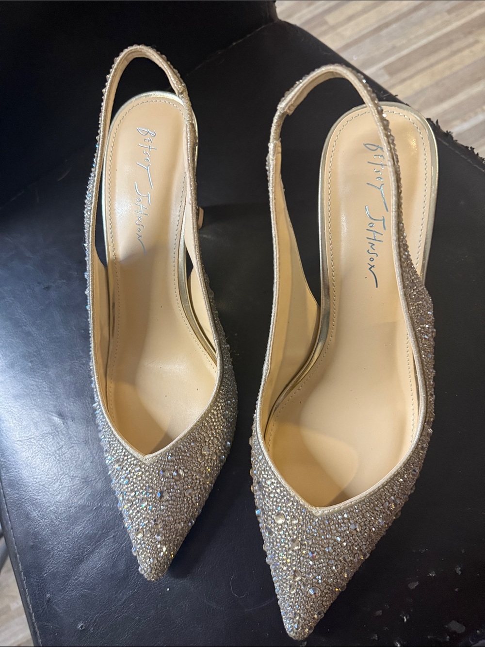 Betsey Johnson Champagne Crystal-Embellished Pointed Slingback Heels